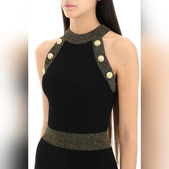 Knitted Midi Dress With Buttons And Lurex Trims - Picture 1 of 8